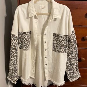 POL Oversized Cheetah Print Distressed Denim Jacket